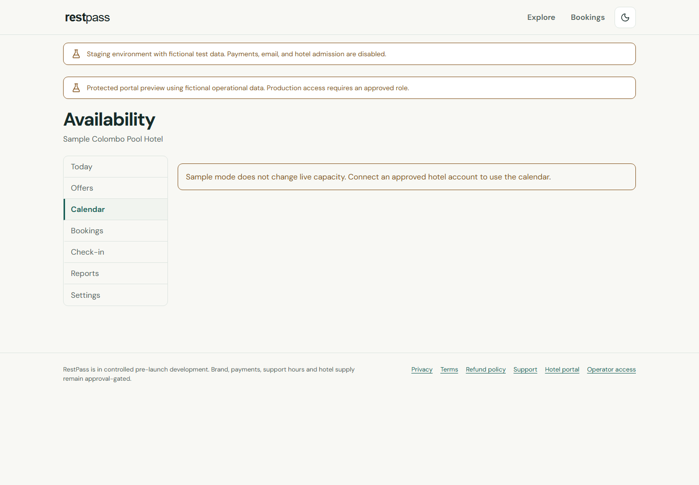 Hotel portal calendar for day-pass capacity