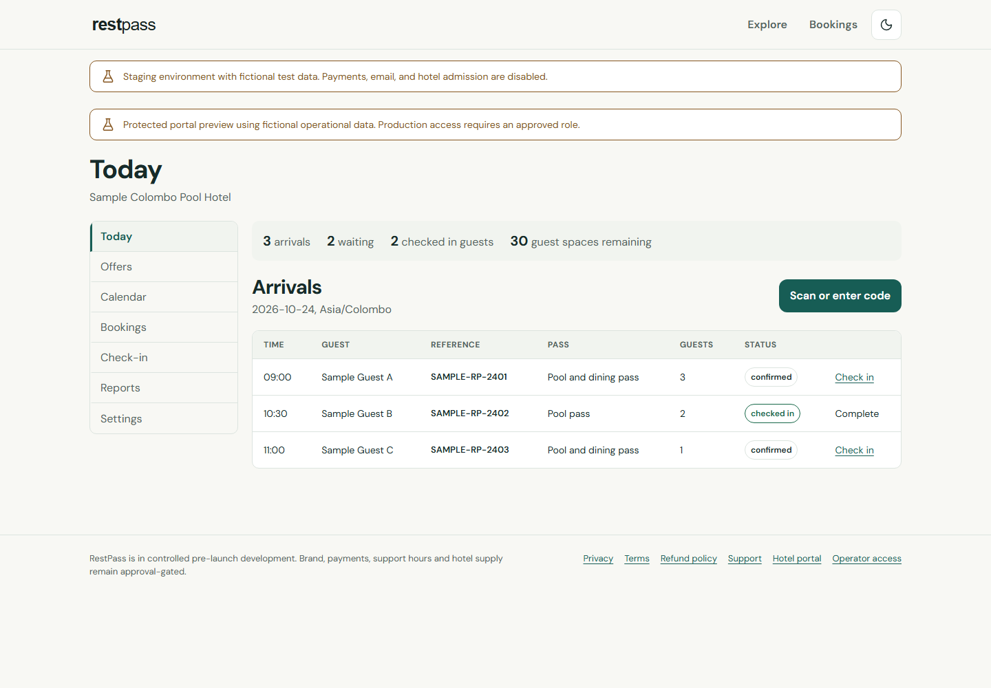 restpass hotel portal showing today's paid arrivals
